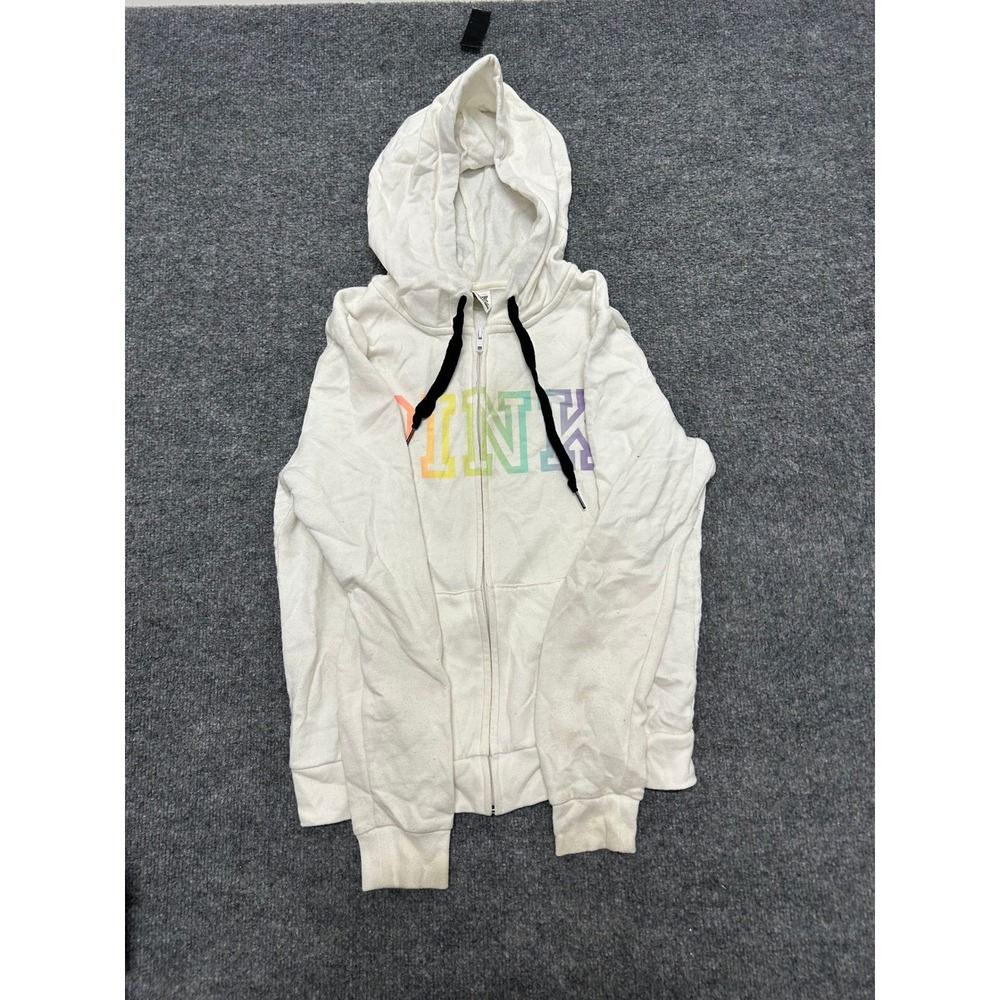 PINK Hoodie Womens Size S White Rainbow Logo Full Zip Fleece Casual Stained